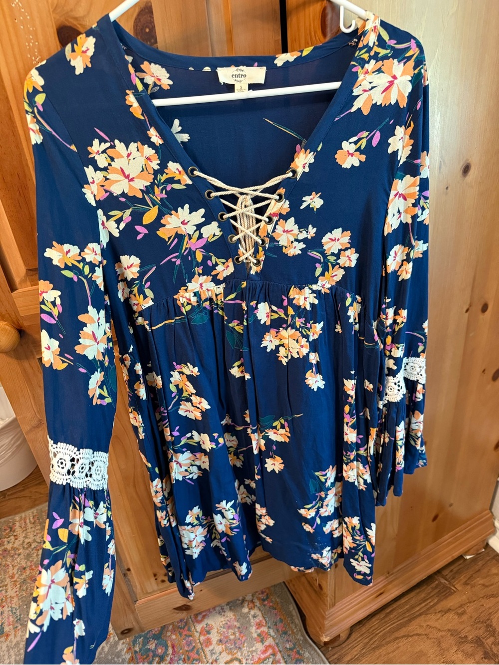 entro Navy Floral Lace-Up Babydoll Tunic